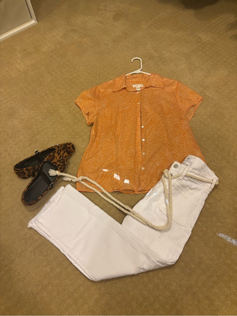 Coldwater Creek Blouse L 14 16 Orange White Geometric 100% Cotton Short Sleeve